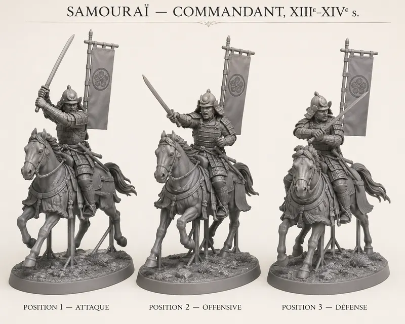Samouraï commandant à cheval, trois poses de combat