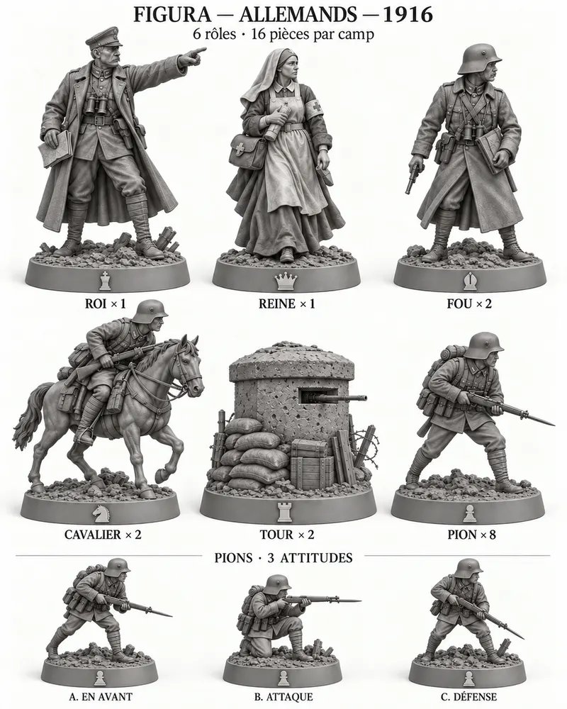 Planche des pièces d’échecs Allemands 1916 : roi, reine, fou, cavalier, tour et pions