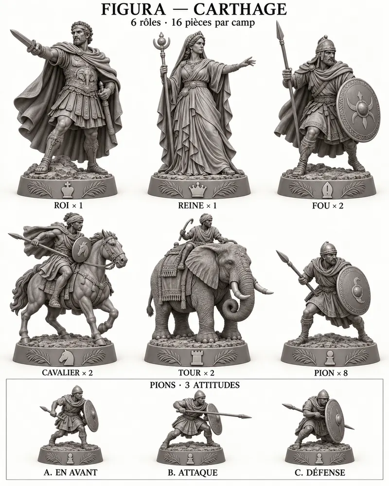 Planche des pièces d’échecs Carthage : roi, reine, fou, cavalier, tour et pions