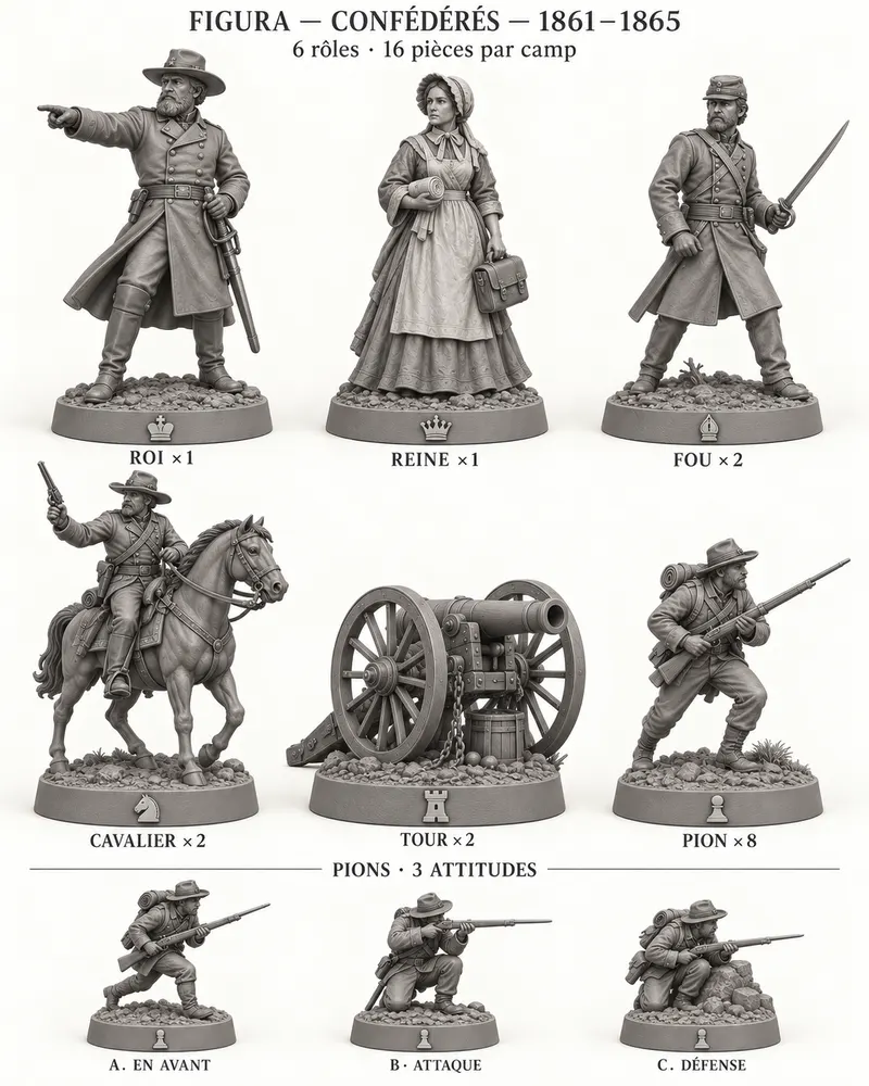 Planche des pièces d’échecs Confédérés : roi, reine, fou, cavalier, tour et pions