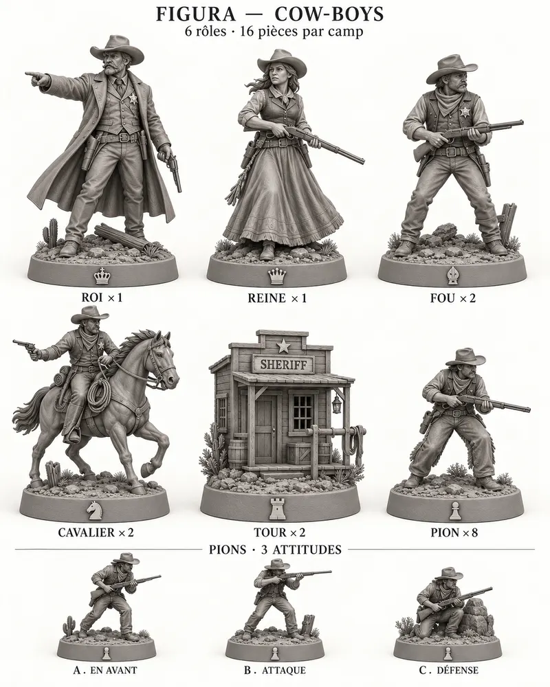 Planche des pièces d’échecs Cow-boys : roi, reine, fou, cavalier, tour et pions