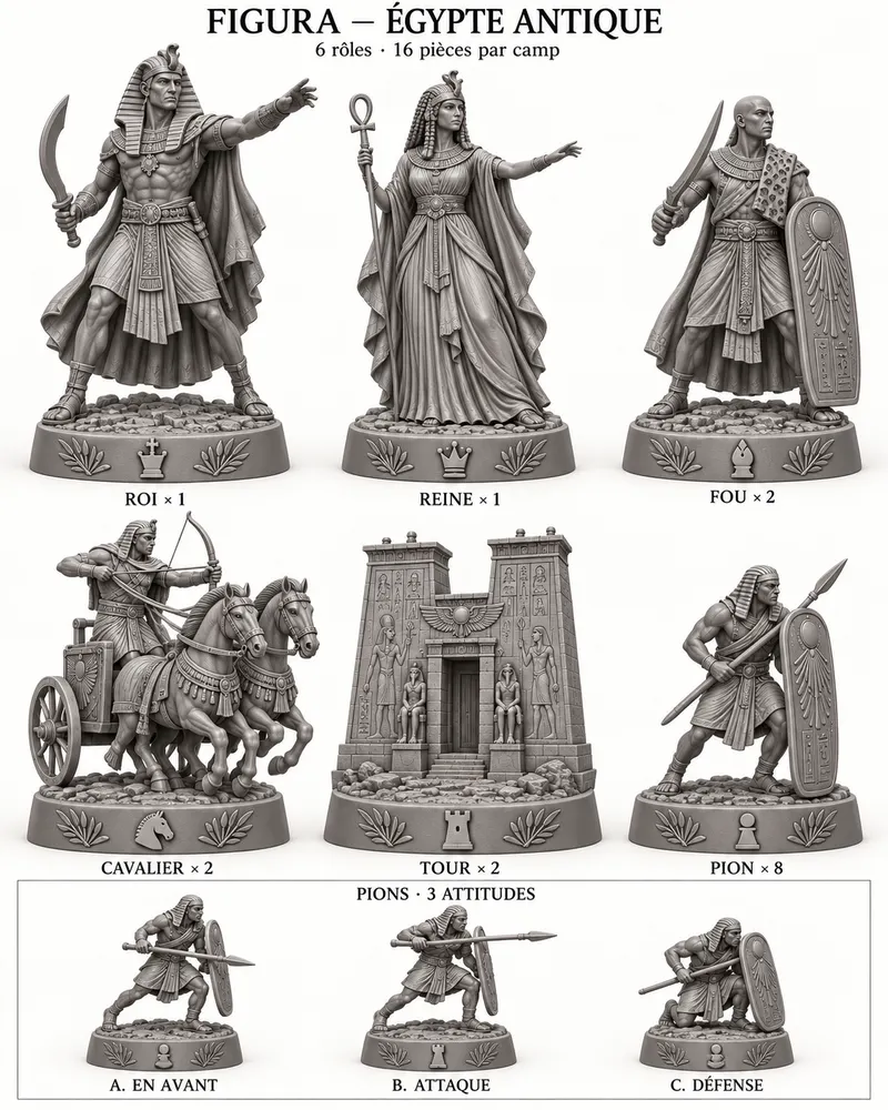 Planche des pièces d’échecs Égypte antique : roi, reine, fou, cavalier, tour et pions