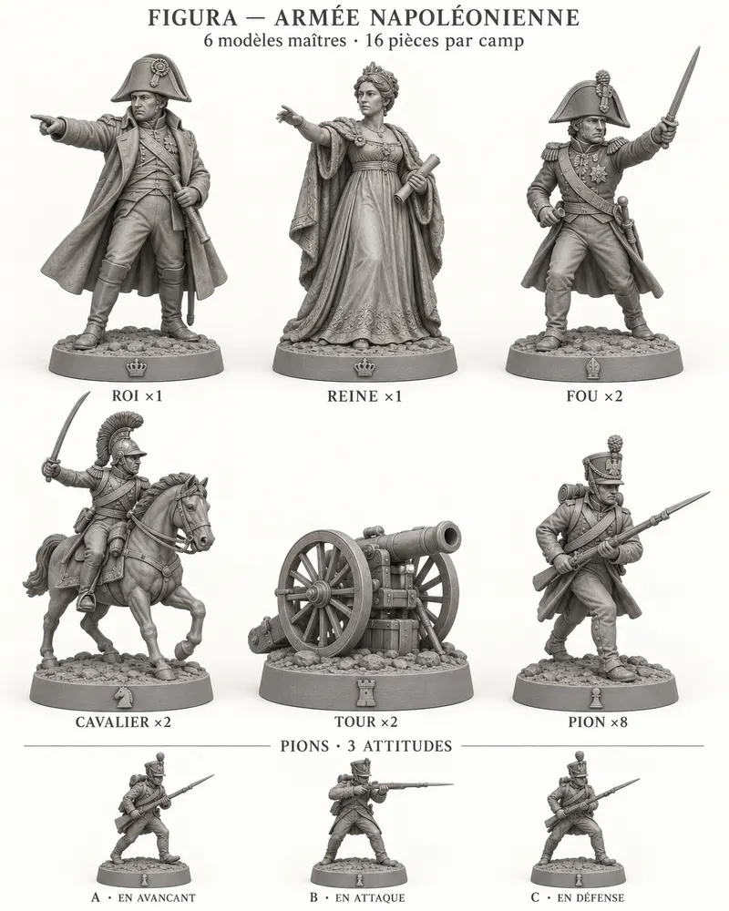 Planche des pièces d’échecs Napoléoniens : roi, reine, fou, cavalier, tour et pions
